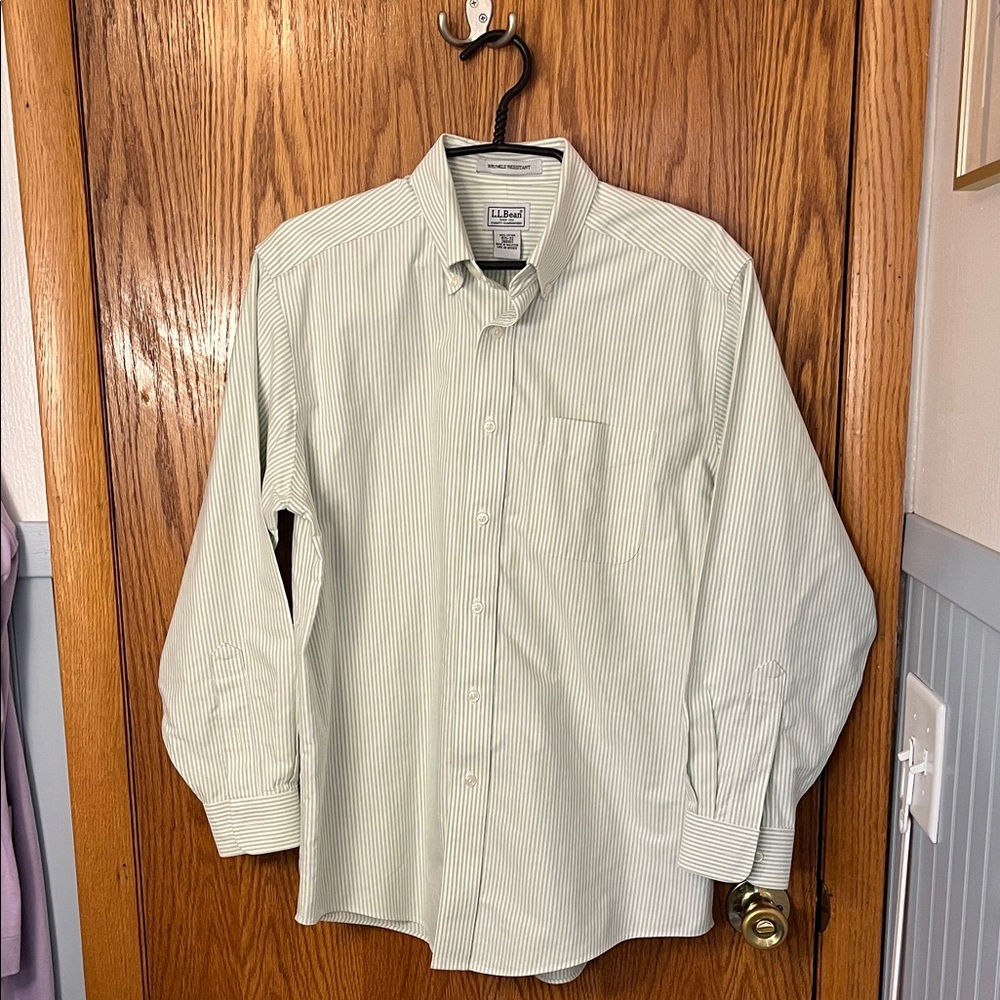 L.L. Bean Men's Light Green Striped Dress Shirt Vintage New England summer